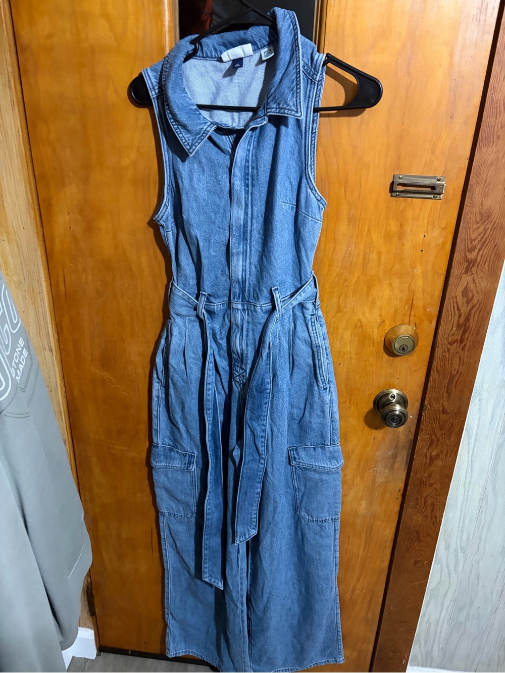 Universal Thread Sleeveless Denim Jumpsuit in Light Blue with Self-Tie Belt